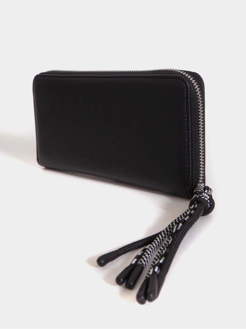 Billetera grande negra con tiracierre de cordones